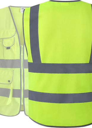 JKSafety 9 Pockets Class 2 High Visibility Zipper Front Safety Vest With Reflective Strips,Meets ANSI/ISEA Standard (Large, 150-Yellow)