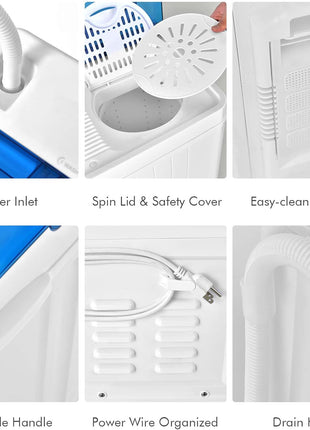 COSTWAY Portable Washing Machine, Twin Tub 26lbs Capacity Laundry Washer, 18lbs Washer and 8lbs Spinner Combo with Timer Knobs, Built-in Drain Pump, Compact Washer for Home Dorm Apartment, Blue+White