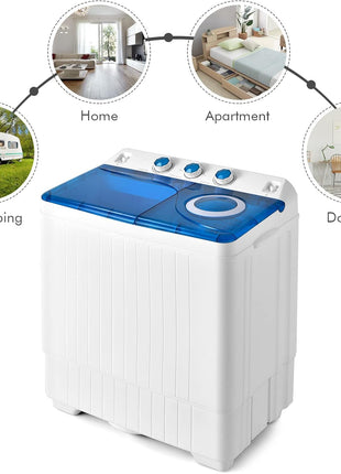 COSTWAY Portable Washing Machine, Twin Tub 26lbs Capacity Laundry Washer, 18lbs Washer and 8lbs Spinner Combo with Timer Knobs, Built-in Drain Pump, Compact Washer for Home Dorm Apartment, Blue+White