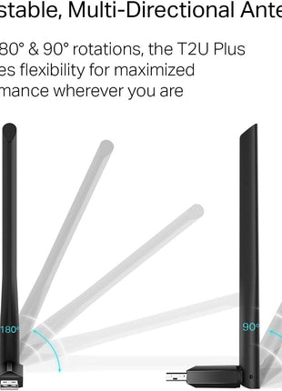 TP-Link AC600 USB WiFi Adapter for Desktop PC (Archer T2U Plus)- Wireless Network Adapter for Desktop with 2.4GHz, 5GHz High Gain Dual Band 5dBi Antenna, Supports Win11/10/8.1/8/7/XP, Black