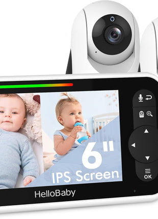 HelloBaby Video Baby Monitor with Upgraded 6inch IPS Large Screen, Split Screen with 2 Cameras, Night Vision and Temprature Monitoring, Remote Pan-Tilt-Zoom Camera, No-WiFi