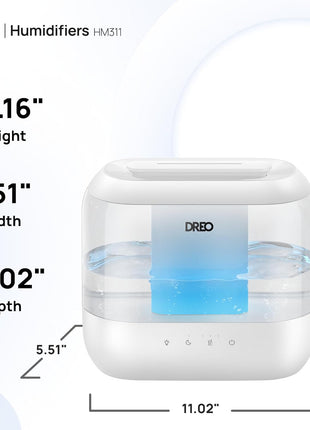 DREO 4L Humidifiers for Bedroom, 36H Runtime, 28 dB Quiet, HM311 | Easy to Refill & Clean, BPA-Free, Nightlight, Supersized Air Humidifiers for Large Room, Baby Nurseries, Plants, Indoor