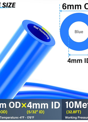 TAILONZ PNEUMATIC Blue 6mm OD 4mm ID Polyurethane PU Air Hose Pipe Tube Kit 10 Meter 32.8ft