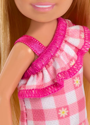 Barbie Chelsea Doll, Small Doll Wearing Removable Checked Dress & Pink Shoes with Blonde Hair & Blue Eyes