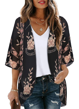 Women's Floral Print Puff Sleeve Kimono Cardigan Loose Cover Up Casual Blouse Tops(Dark Grey,L)