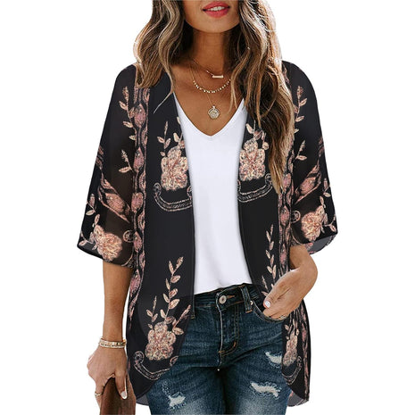 Women's Floral Print Puff Sleeve Kimono Cardigan Loose Cover Up Casual Blouse Tops(Dark Grey,L)