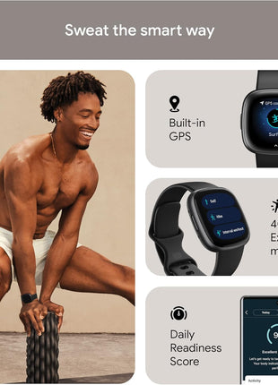 Fitbit Versa 4 Fitness Smartwatch with Daily Readiness, GPS, 24/7 Heart Rate, 40+ Exercise Modes, Sleep Tracking and more, Black/Graphite, One Size (S & L Bands Included)