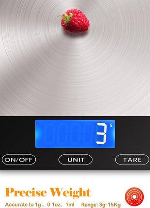 Food Scale -33lb Digital Kitchen Scale for Food Ounces Grams Rechargeable | 304 Stainless Steel,Batteries and Type-C Charging | Perfect for Meal Prep, Cooking, and Baking, Black
