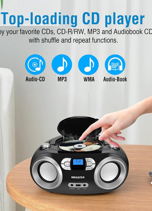 MEGATEK Portable CD Player Boombox with FM Radio, Bluetooth, USB Port, AUX Input, and Headphone Jack – CD-R/CD-RW/MP3-CD Compatible, Clear Stereo Sound, Backlit LCD Display – Black