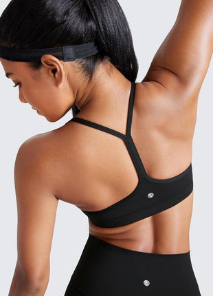 CRZ YOGA Butterluxe Womens Y Back Sports Bra - Padded Racerback Low Impact Spaghetti Thin Strap Workout Yoga Top Black Medium