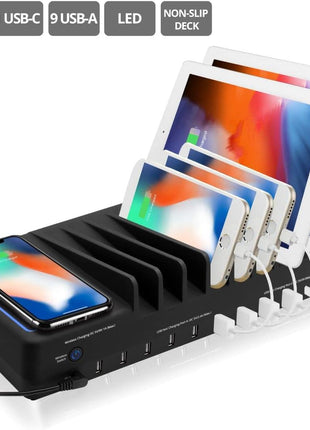 SIIG 10 Port 90W USB Charging station with Qi wireless and USB C Charging, Ambient Light Deck compatible with iPhone iPad Samsung Galaxy Google Nexus