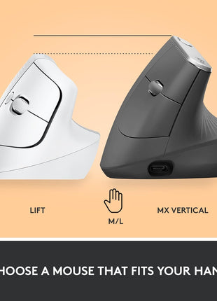 Logitech Lift Vertical Ergonomic Wireless Mouse - Off White | Connect via Bluetooth or included Logi Bolt USB-A receiver, quiet clicks, 4 of 6 buttons customizable, Windows Mac compatible