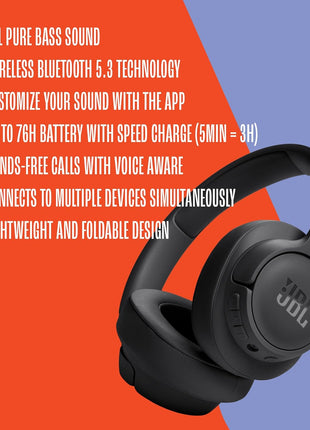 JBL Tune 720BT - Wireless Over-Ear Headphones with JBL Pure Bass Sound, Bluetooth 5.3, Up to 76H Battery Life and Speed Charge, Lightweight, Comfortable and Foldable Design (Black)