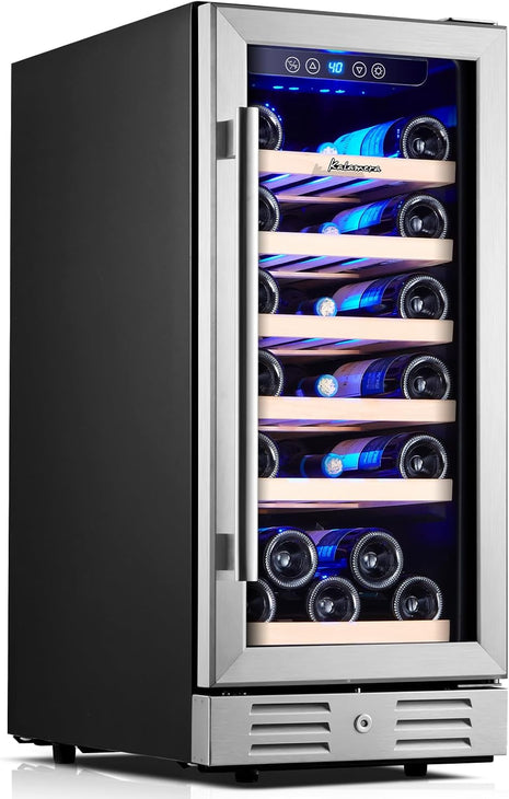 Kalamera 15 Inch Wine Cooler Refrigerator - 30 Bottle Under Counter Mini Fridge with Double-Layer Tempered Glass Door and Temperature Memory Function Built-in or Freestanding