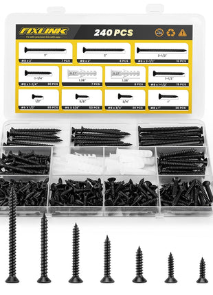 Wood Screws Assortment Kit, FIXLINK 240 PCS High Hardness Flat Head Wood Screws Set, Phillips Drive Assorted Screws, Contain 15PC Anchors and 8 Size (2-1/2",2",1-1/2",1-1/4",1",3/4",5/8",1/2"), Black