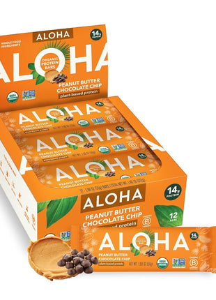 ALOHA Organic Plant Based Protein Bar | Peanut Butter Chocolate Chip, 12 Ct | 14g Plant-Based Protein, 10g Fiber, 5g Sugar | GLP-1 & Keto Friendly, No Sugar Alcohols | Non-GMO, Vegan & Dairy Free