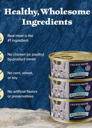 Blue Buffalo Wilderness High-Protein & Grain-Free Wet Cat Food Paté for Adult Cats 7+,Made with Natural Ingredients,Chicken Recipe,3-oz. Cans,(Pack of 48)