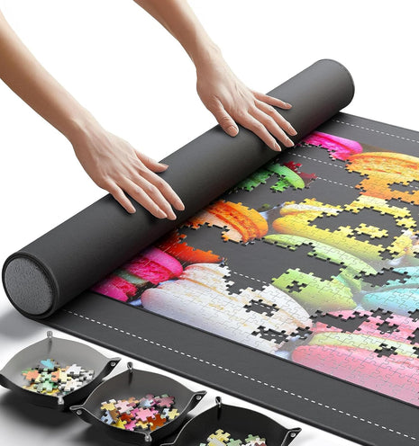 The Original Newverest Jigsaw Puzzle Mat Roll Up, Saver Pad 46" x 26" Portable Keeper Up to 1500 Pieces with Non-Slip Rubber Bottom & Smooth Top + 3 Puzzle Sorting Trays & Travel-Friendly Storage Bag