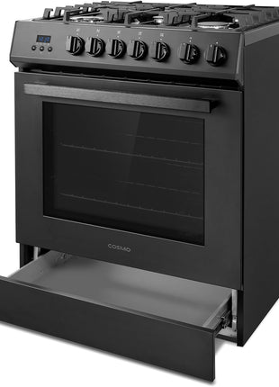30 in. Nebula Coll 5.0 cu. ft. 5 Burner Gas Range, Convection, Matte Black | Cosmo COS-305AGC-BK Cast Iron Grates, Digital Display with Timer, Metal Knobs, Liquid Propane Convertible, Wok Ring