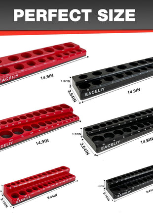 6-Piece Magnetic Socket Organizer Set, 1/2 inch, 1/4 inch and 3/8 inch SAE & Metric Deep & Shallow Socket Holder Kit, holds 141 stanard Sockets, attaches to steel box/tool cart (sockets not included)