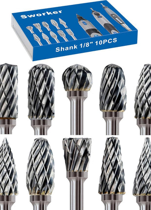 Sworker 10 Pcs Carbide Burr Set 1/8" Shank Compatible with Dremel Milwaukee Bits Rotary Tools Attachment Kit Rasp Drill File Accessories Metal Wood Stone Steel Grinding Carving Cutting Polishing