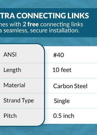 PGN #40 Roller Chain - 10 Feet  2 Free Connecting Links - Carbon Steel Chains for Bycicles, Mini Bikes, Motorcycles, Go-Karts, Home and Industrial Machinery - 239 Links