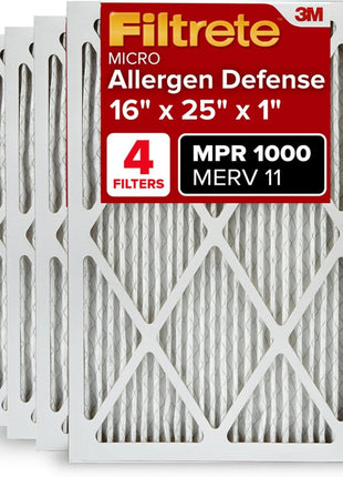 Filtrete 16x25x1 AC Furnace Air Filter, MERV 11, MPR 1000, Micro Allergen Defense, 3-Month Pleated 1-Inch Electrostatic Air Cleaning Filter, 4 Pack (Actual Size 15.69 x 24.69 x 0.81 in)