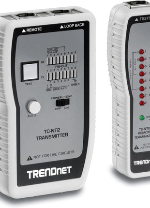 TRENDnet Network Cable Tester, Tests Ethernet, USB and BNC Cables, Accurately Test Pin Configurations up to 300m (984 ft), Local and Remote Testing, Includes BNC to Ethernet Converters, White, TC-NT2