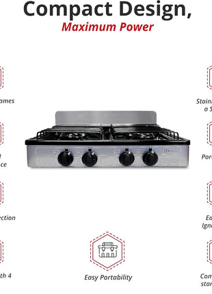 Koblenz PSK-400S 4 Portable Porcelain Cover and Four 16, Silver, Stainless | 000 BTU Burners, Stainless Steel Stove for Propane Gas, Silver, For Home and Kitchen, Sleek Modern Design, Quality Build