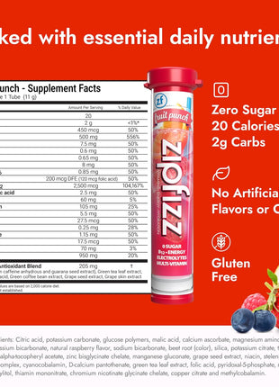 Zipfizz Daily Energy Drink Powder, Fruit Punch, 20 Pack 3-in-1 Sustained Energy, Rapid Hydration, and Essential Vitamins Sugar-Free Electrolyte Powder Contains Vitamin B-12 & Antioxidants