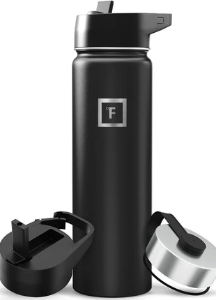 IRON °FLASK Camping & Hiking Hydration Flask with Straw, Wide Mouth Insulated Stainless Steel Sports Water Bottle - Midnight Black 24 oz - Straw (1 Lid)