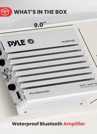 Pyle Hydra Marine Amplifier - Upgraded Elite Series 400 Watt 4 Channel Audio Amplifier, Waterproof, 12 volt, Dual MOSFET Power Supply, GAIN Level Controls, RCA Stereo Input & LED Indicator - PLMRA400