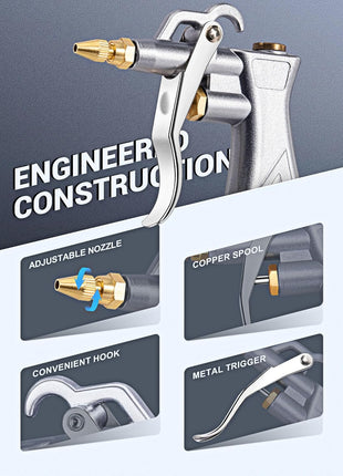 Industrial Air Blow Gun with Brass Adjustable Air Flow Nozzle Kit | Extra 2 Steel & Copper Air Extension, Brass 1/4" Standard Quick Connector, Air Compressor Accessory Tool for Dust Cleaning