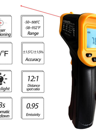 Digital Infrared Thermometer gun for cooking,BBQ,Pizza oven,Ir Thermometer with Backlight,-58°F~932°F(-50°C~500°C) Handheld Non Contact Heat Laser Temperature Gun (Not for Human)