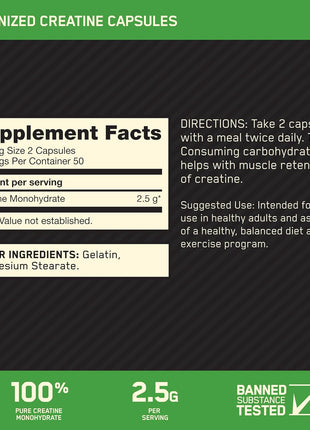Optimum Nutrition Micronized Creatine Monohydrate Capsules, Keto Friendly, 2500mg, 100 Capsules