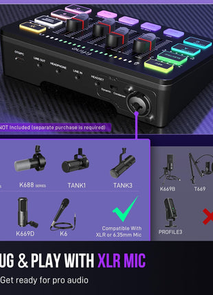 FIFINE Gaming Audio Mixer, Streaming RGB PC Mixer with XLR Microphone Interface, Individual Control, Volume Fader, Mute Button, 48V Phantom Power, for Podcast/Recording/Vocal/Game Voice-AmpliGame SC3