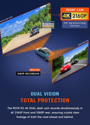 ROVE R2-4K DUAL Dash Cam Front and Rear, STARVIS 2 Sensor, FREE 128GB Card Included, 5G WiFi - up to 20MB/s Fastest Download Speed with App, 4K 2160P/FHD Dash Camera for Cars, 3" IPS, 24H Parking Mode