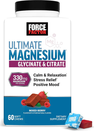 Force Factor Ultimate Magnesium Supplement with 330mg Magnesium Glycinate | Magnesium Citrate, Like Magnesium Gummies, Support Calm, Relaxation, Vegan & Gluten Free, Mixed Berry Flavor, 60 Soft Chews
