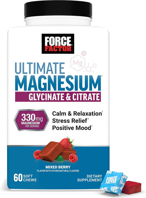 Force Factor Ultimate Magnesium Supplement with 330mg Magnesium Glycinate | Magnesium Citrate, Like Magnesium Gummies, Support Calm, Relaxation, Vegan & Gluten Free, Mixed Berry Flavor, 60 Soft Chews