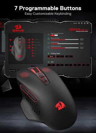 Redragon M656 Gainer Wireless Gaming Mouse, 4000 DPI 2.4Ghz Wireless Mouse w/ 5 DPI Levels, 7 Macro Buttons, Red LED Backlit & Pro Software/Drive Supported, for PC/Mac/Laptop