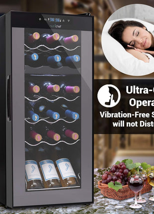 NutriChef PKCWCDS188 Freestanding Wine Fridge, 18 Bottle Dual Zone Beverage Cooler for Home & Office, 32x13x19 inches, Adjustable Temp 41-64F, Black