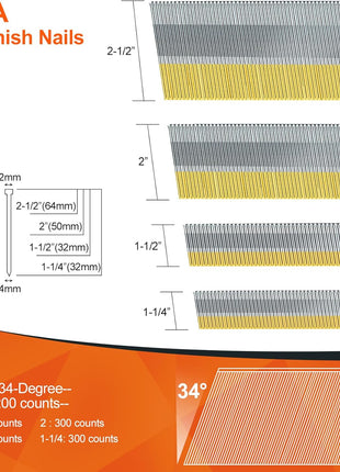 15 Gauge DA Angled Finish Nails, 34-Degree, 1200-Pack (2-1/2 inch, 2 inch, 1-1/2 inch, 1-1/4 inch 300 Per Sizes), Galvanized Assorted Size Project Pack, for Pneumatic, Electric Angled Finish Nailer Gun