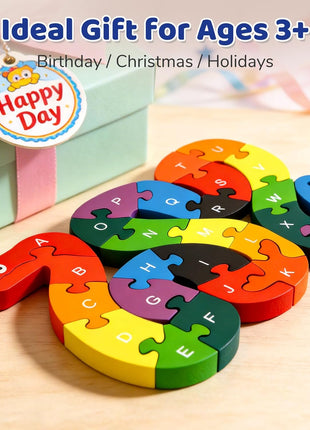 LovesTown Wooden Double Sided Snake Puzzle | Alphabet & Numbers, Montessori Educational, Chunky Animal Design, For Toddlers, Great Learning Gift