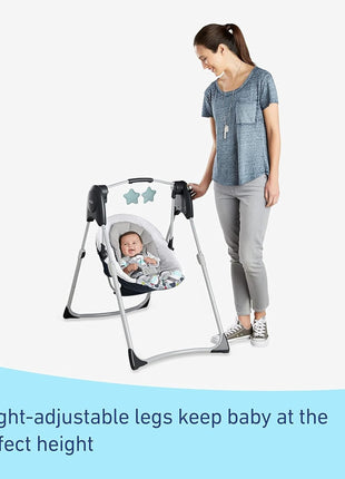 Graco Slim Spaces Compact Baby Swing, Space Saving Portable Bay Swing with Height Adjustable Legs & Soft Toys, Reign