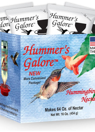 Hummer's Galore Made in USA Hummingbird Food - Ready-to-Mix Hummingbird Nectar, All-Natural Nectar Collector Formula, No Preservatives or Dyes, Makes 64 Ounces (4 Packets Included)