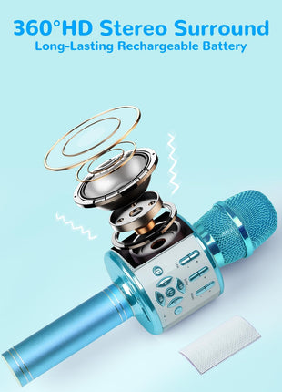 Amazmic Kids Karaoke Microphone Machine Toys for Girls Bluetooth Microphone with LED Light, Christmas Birthday Gift for Girls Boys 3-12+ Years Old (Blue)