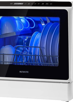 NOVETE Portable Countertop Dishwashers, Compact Dishwashers with 5L Built-in Water Tank & Inlet Hose, 5 Washing Programs, Baby Care, Air-Dry Function and LED Light for Small Apartments