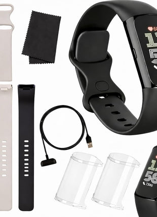Fitbit Charge 6 Fitness Tracker (Bundle) – Black/Obsidian – Heart Rate, GPS, Sleep & Stress Tracking + Fast Charger, & Cleaning Cloth (Black)