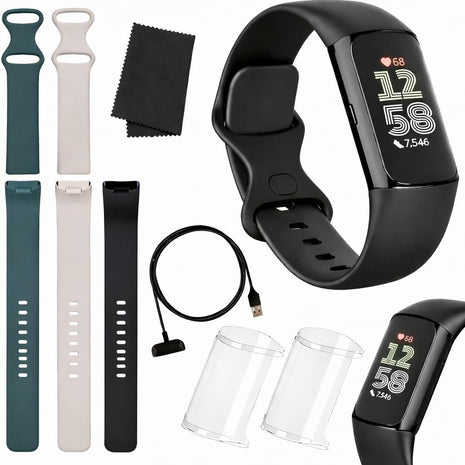 Fitbit Charge 6 Fitness Tracker (Bundle) – Black/Obsidian – Heart Rate, GPS, Sleep & Stress Tracking + Fast Charger, & Cleaning Cloth (Black)