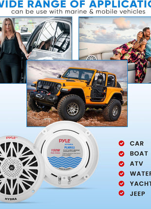 Pyle 5.25 Inch Dual Marine Speakers - 2 Way Waterproof and Weather Resistant Outdoor Audio Stereo Sound System with 150 Watt Power, Poly Carbon Cone, Cloth Surround and Low Profile Design - 1 Pair